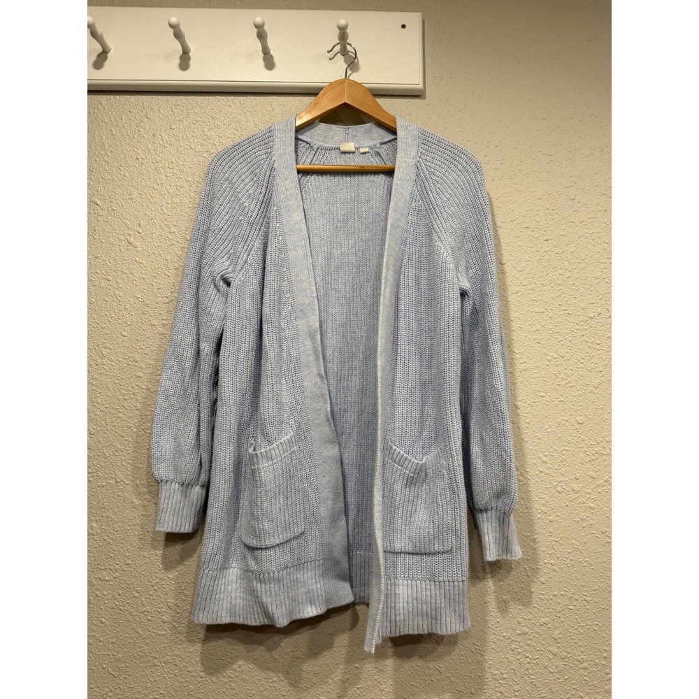 GAP Shaker Stitch Open Front Cardigan Sweater M Blue Marl Chunky Cotton Cozy